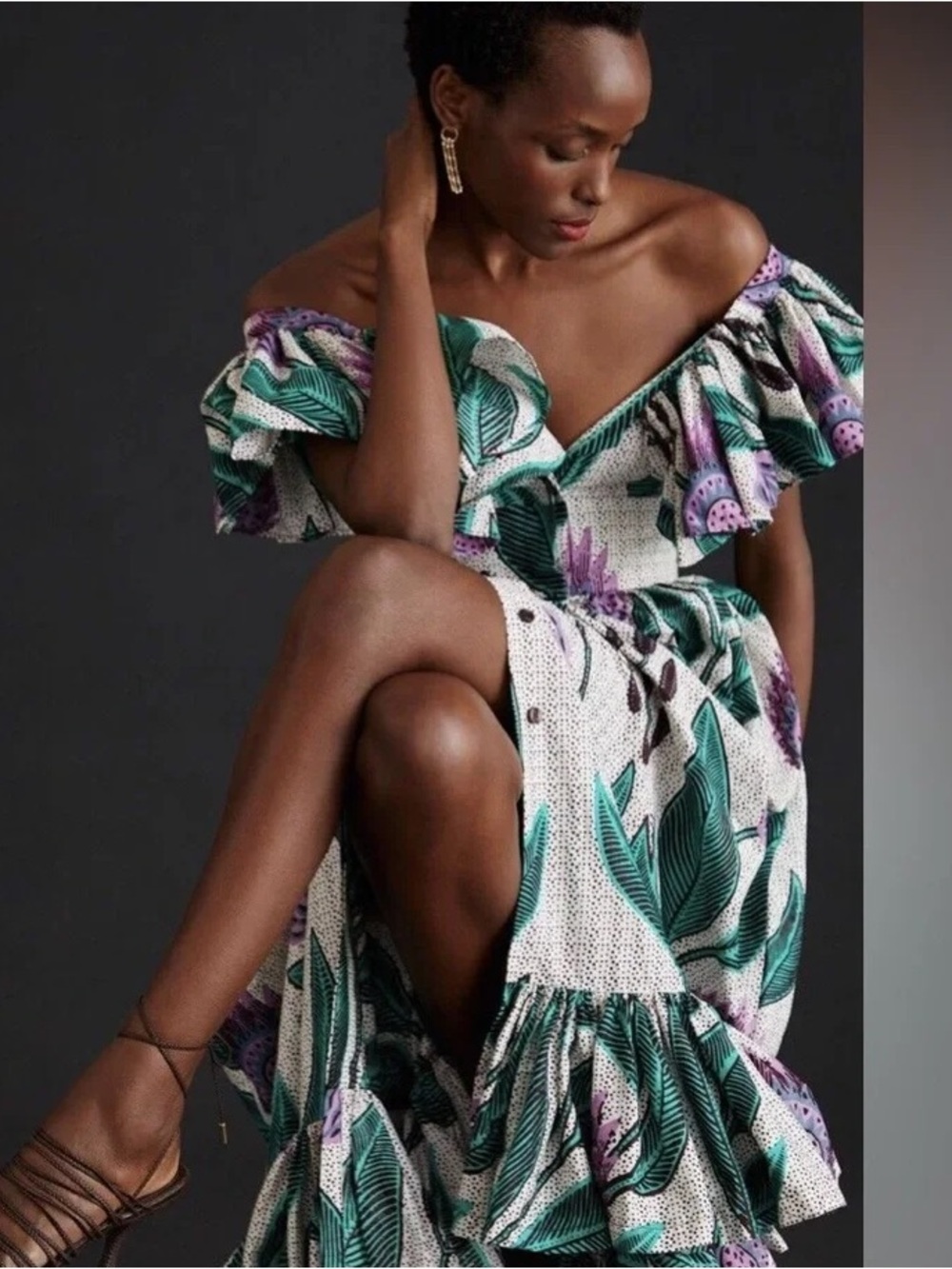 Anthropologie One-Shoulder Floral Midi Dress in White, Green & Purple